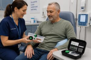 Healthcare professional demonstrates a portable enteral feeding pump to a patient seated in a clinical treatment room. An open supply case containing feeding accessories is placed on a nearby tray table, with medical equipment visible in the background.