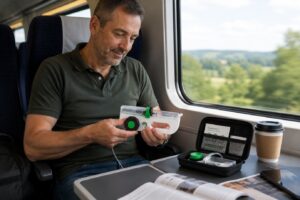 Person seated at a table on a train holds a portable enteral feeding pump while travelling. An open case containing feeding supplies sits on the tray table alongside a takeaway coffee cup, smartphone and magazine, with countryside scenery visible through the window.