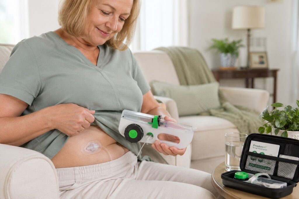Person seated in a living room uses a portable enteral feeding pump connected to a tube attached to the abdomen. A carrying case with feeding supplies and a glass of water sit on a nearby table.