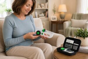 Person seated in an armchair holds a portable enteral feeding pump in a home setting. A supply case containing feeding accessories and instructions sits open on a nearby table beside a glass of water and a potted plant.