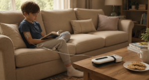 A child sits on a sofa reading a book while connected to a small medical device on a nearby coffee table by tubing attached to a sensor on the upper arm. The scene is set in a living room with cushions, books, a cup, and a plate of biscuits on the table.